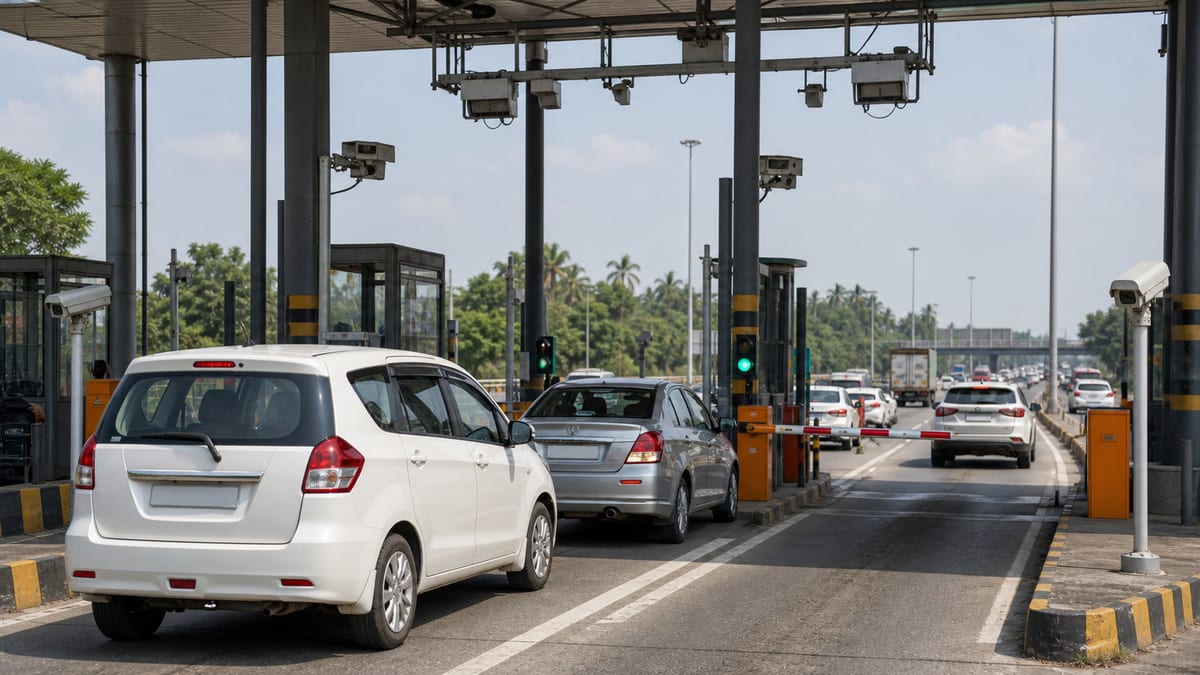 Private cars and light vehicles moving through FASTag lanes at a highway toll plaza