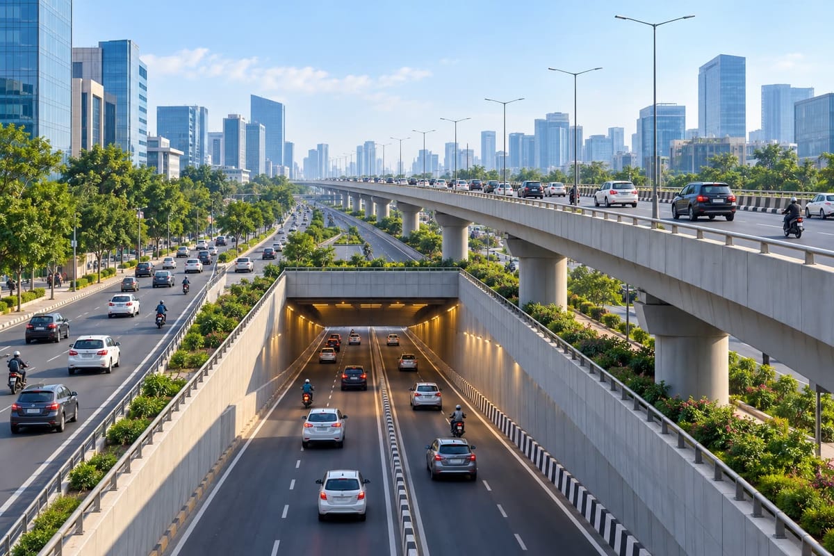 Illustrative view of a proposed flyover and underpass carrying traffic through a Gurugram-style office corridor