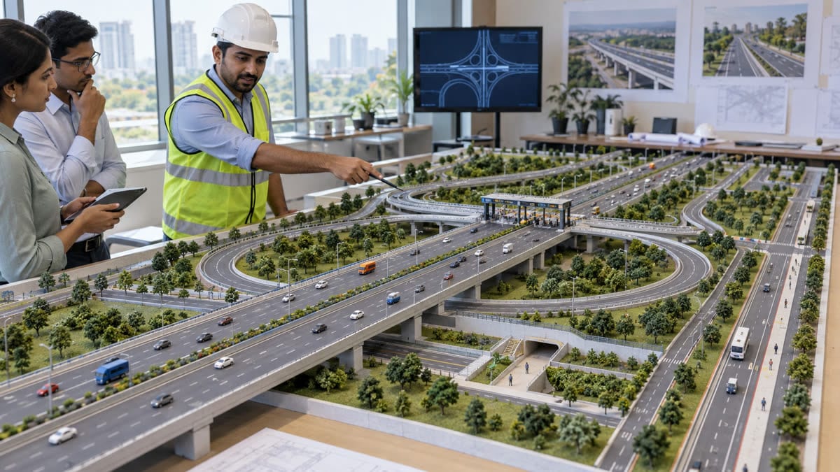 Indian highway engineers reviewing a scale model of an access-controlled interchange with ramps, service roads and a tolling gantry