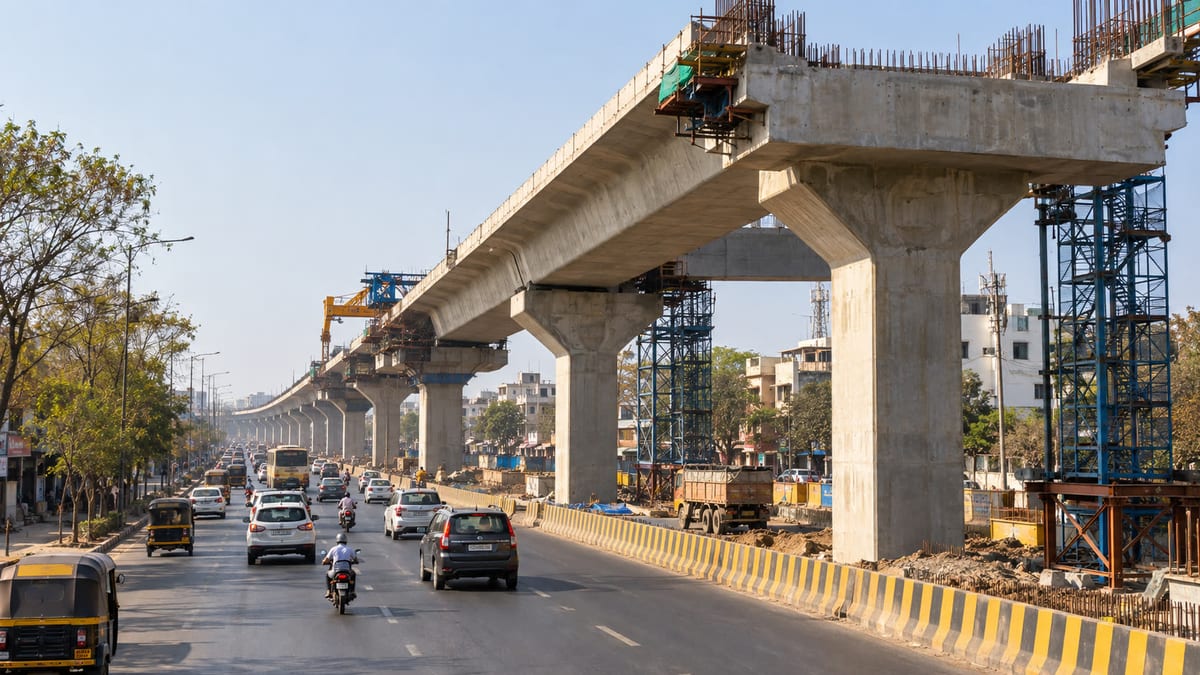 Urban Indian traffic moving beside a four-lane elevated corridor under construction