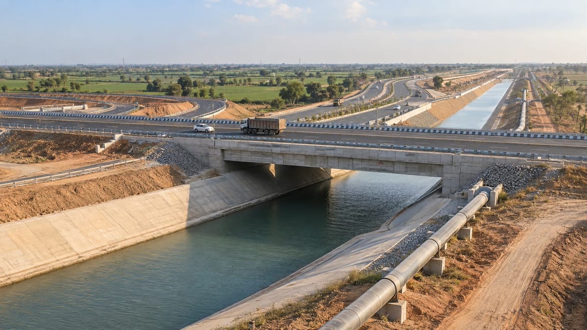 Illustrative highway bridge crossing an irrigation canal and pipeline in Gujarat