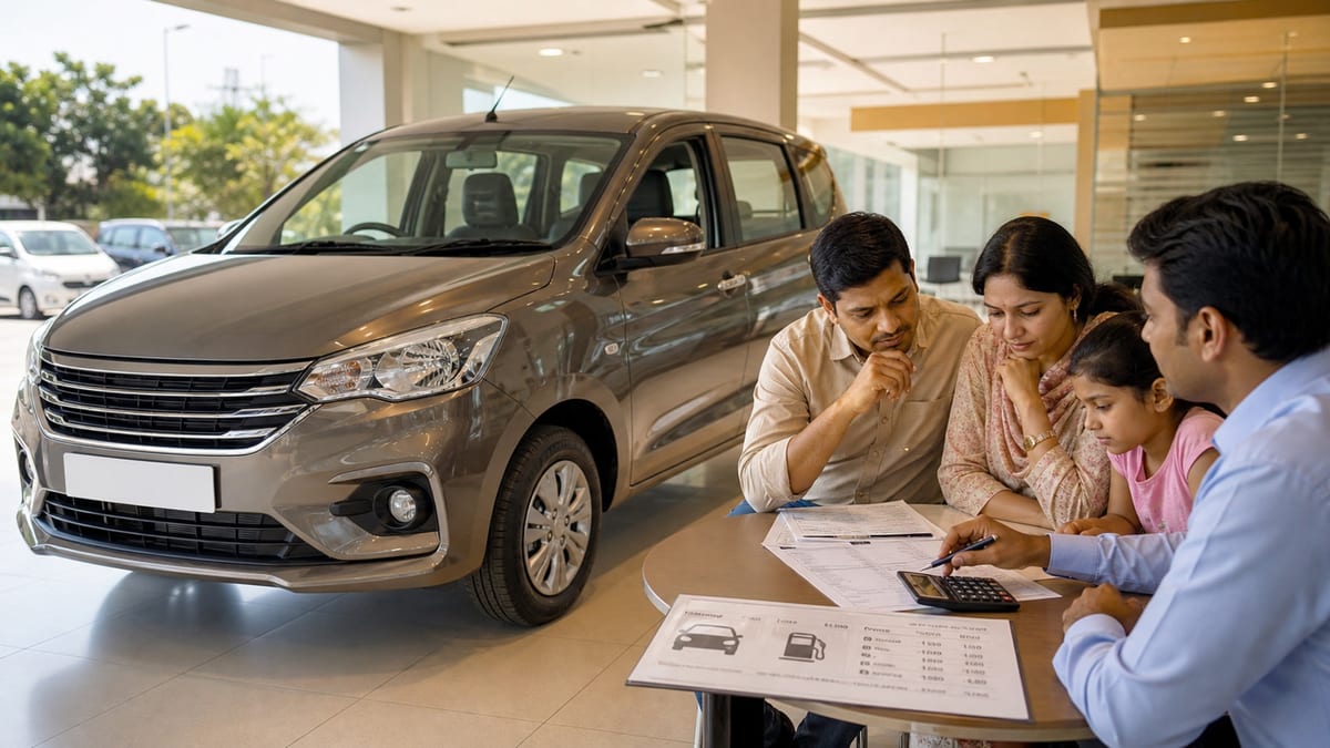 Indian family reviewing Nissan Gravite MPV price revision and fuel-cost paperwork in a showroom