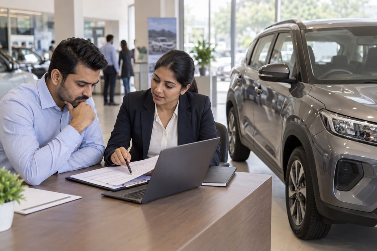 Indian car buyer and loan adviser reviewing repayment papers beside an unbranded SUV in a dealership