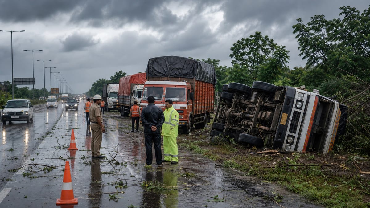 Storm-hit highway with trucks and responders after high winds disrupted freight movement