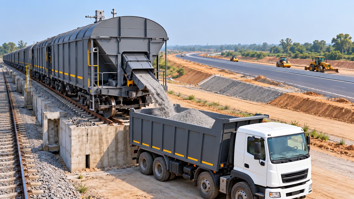 Illustrative rail-cum-road transfer of pond ash beside a highway construction site