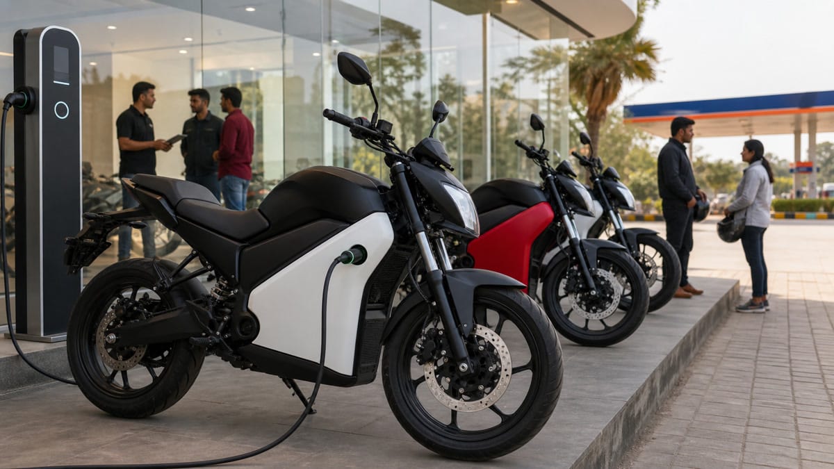 Unbranded electric motorcycles lined up at an EV showroom with charging and fuel station context representing Oben Rorr Evo bookings and fuel savings