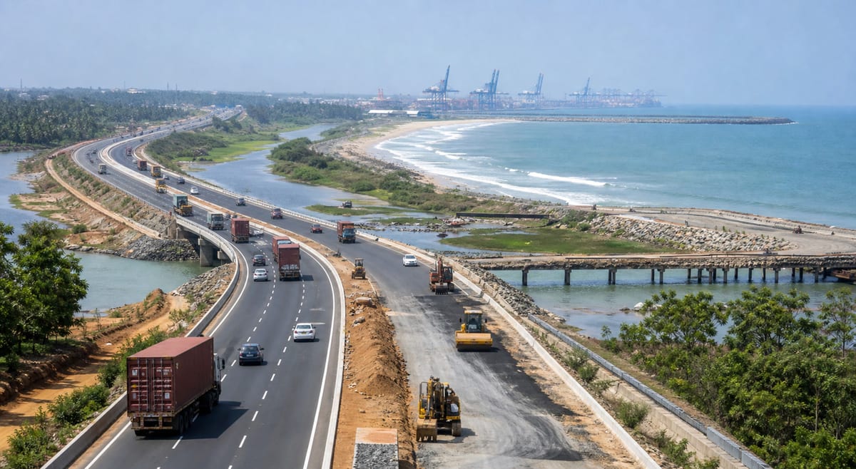Odisha coastal highway construction corridor with freight trucks, bridge works and port cranes near the coast