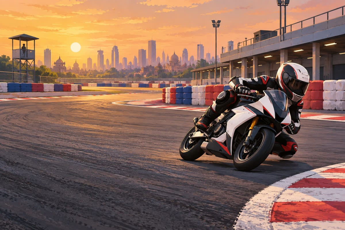 Illustrative digital artwork of a compact racing motorcycle on a closed karting circuit; not a photograph of an Ohvale model.