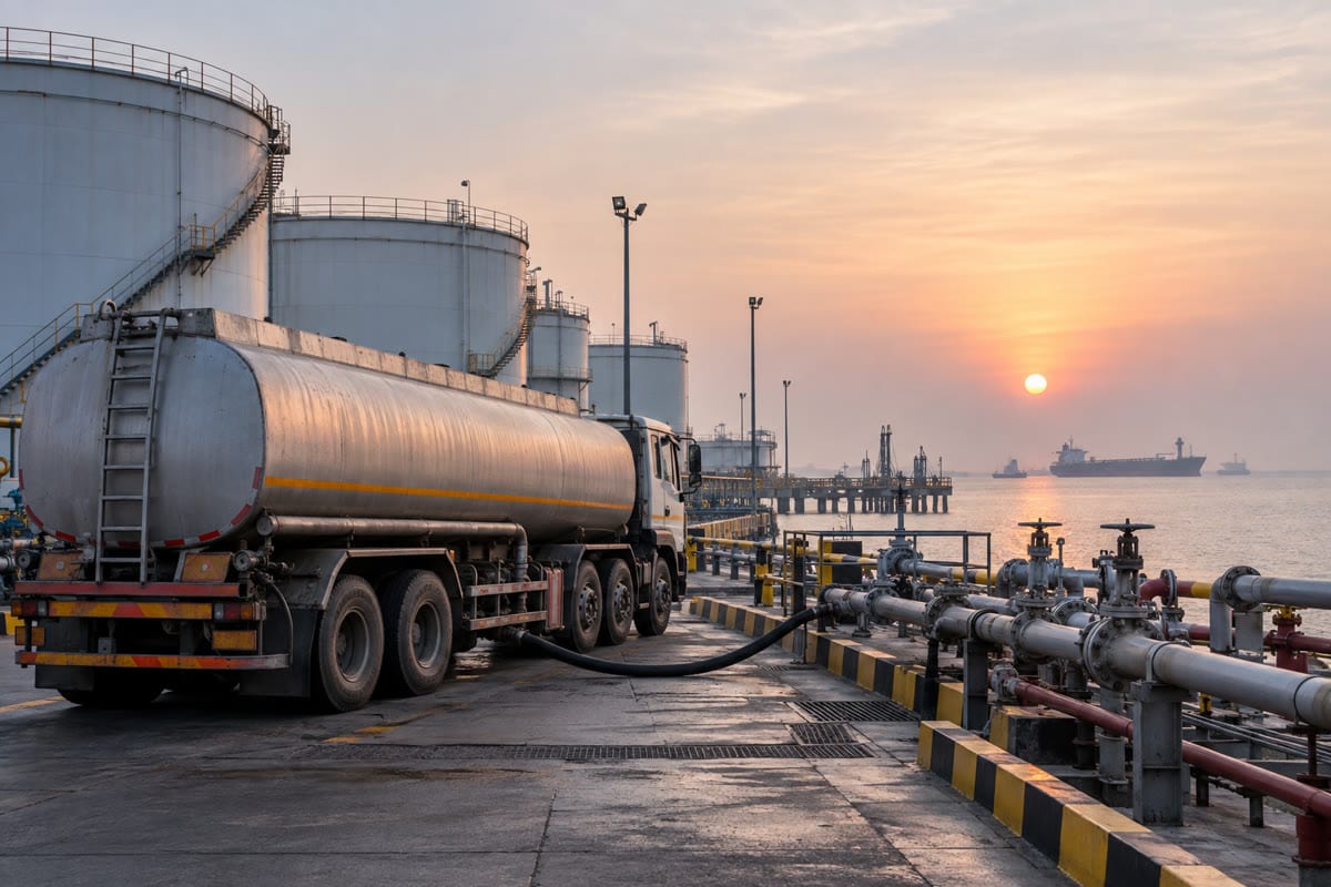 Fuel tanker connected to storage tanks and pipelines at a coastal petroleum terminal at sunrise