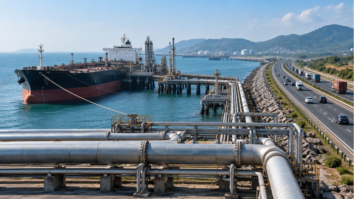 Crude oil tanker and pipeline terminal beside Indian highway traffic, illustrating imported crude pressure on road fuel prices