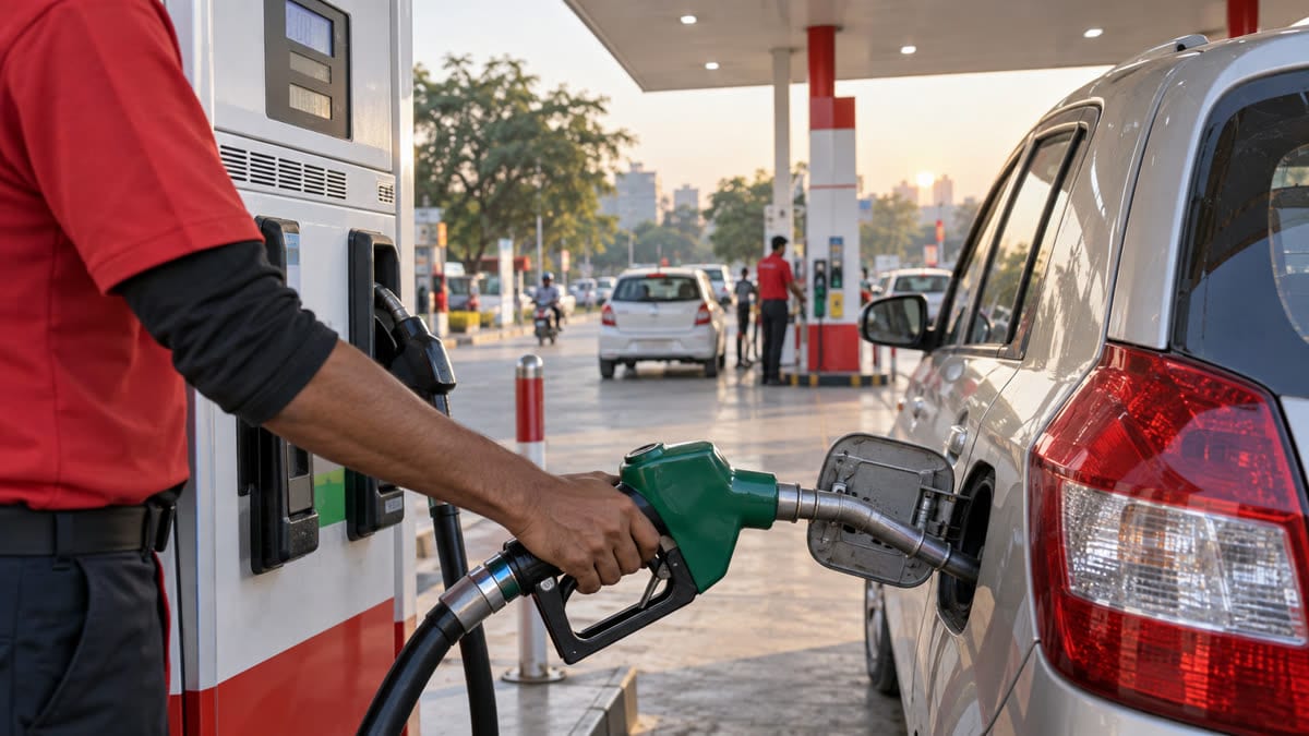 Driver refuelling a car at an unbranded Indian petrol station