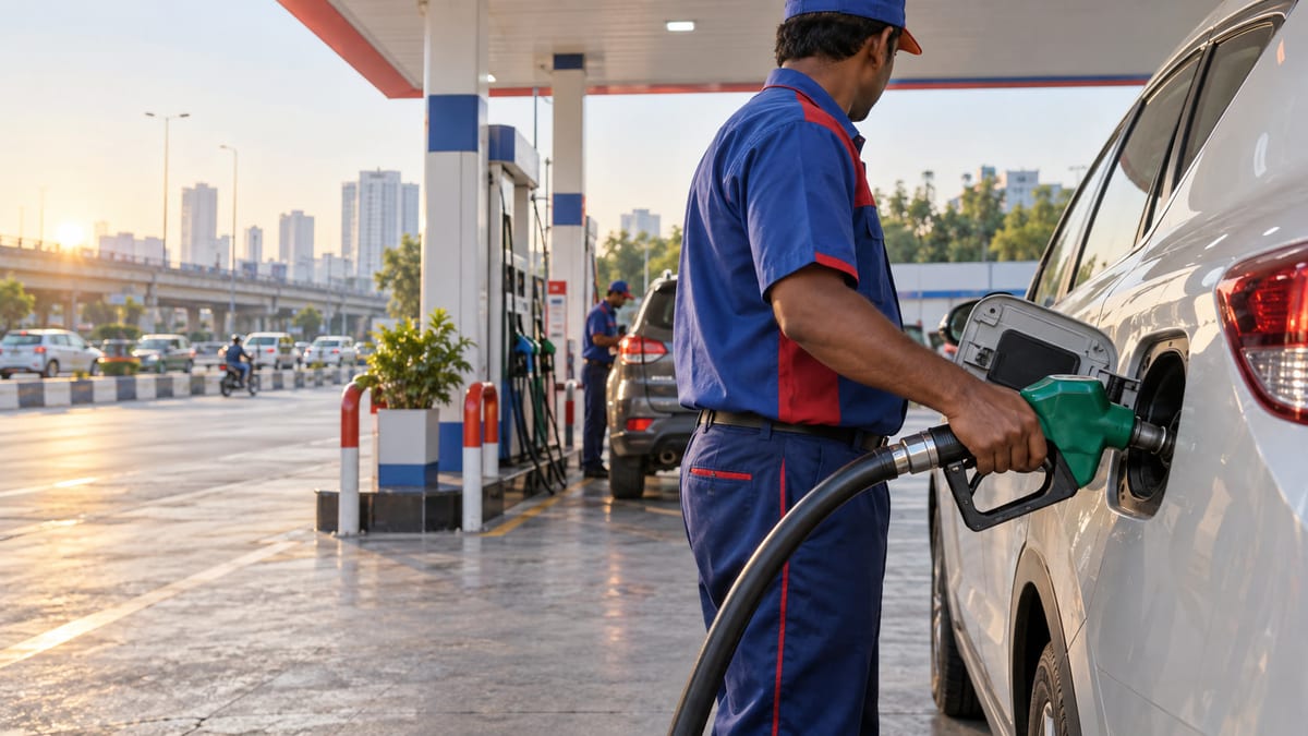 Fuel attendant refuelling a car at an urban Indian petrol station