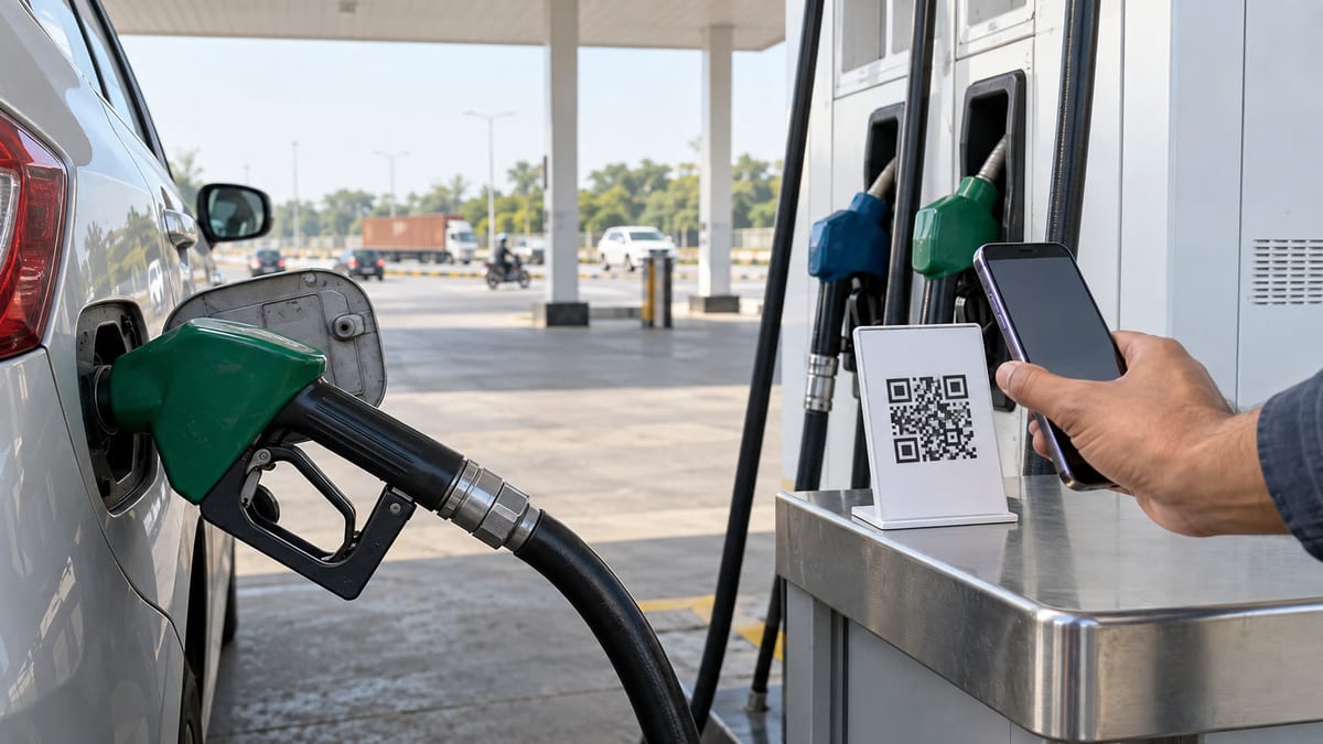 Fuel nozzle beside a car and a generic QR payment stand at an Indian petrol station