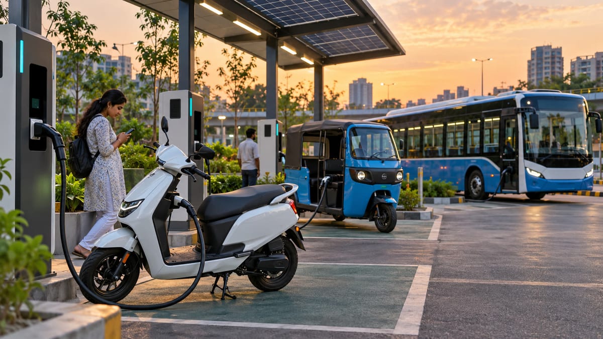 Electric scooter, electric three-wheeler and electric city bus at a public charging hub in India