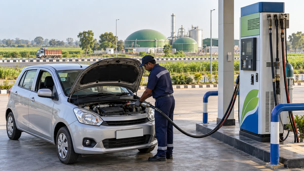 CNG hatchback being refuelled at a station with a biomethane processing facility in the background