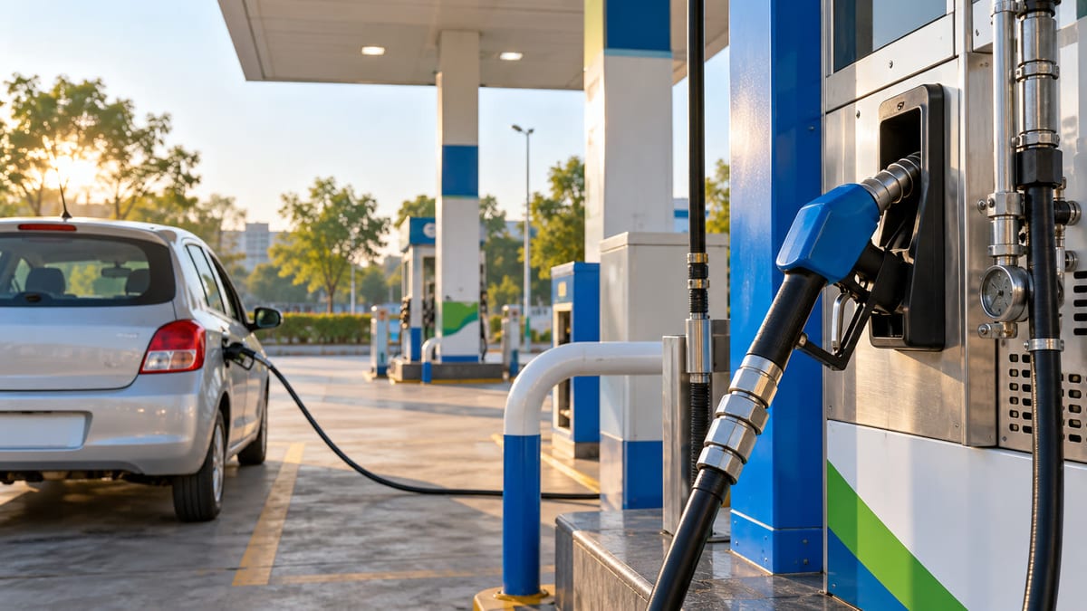CNG dispenser connected to a car at an Indian-style filling station