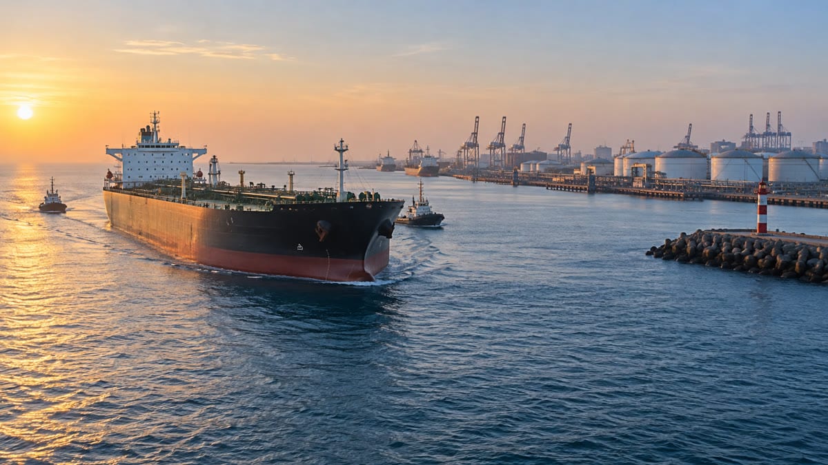 An unbranded petroleum tanker approaching a commercial port at sunrise, representing the maritime fuel-supply route