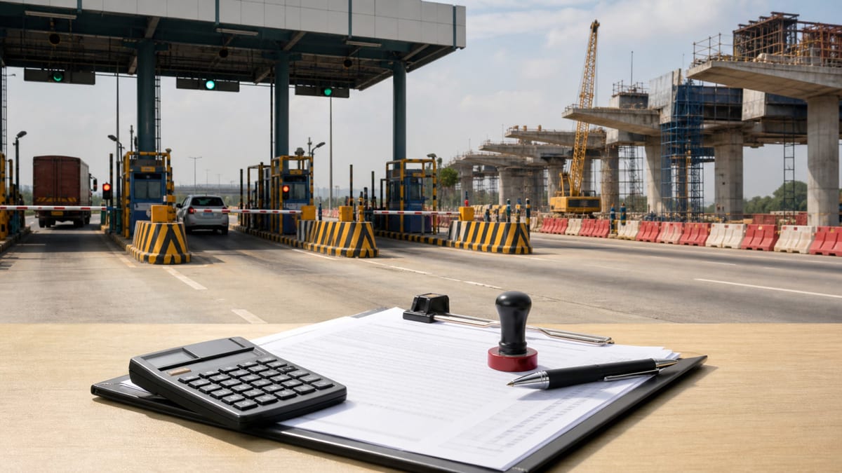 Indian toll plaza with highway construction and concession tax review paperwork