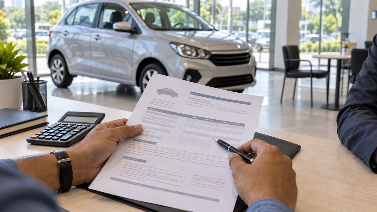 Indian car buyer reviewing neutral vehicle-loan documents beside a compact car in a dealership