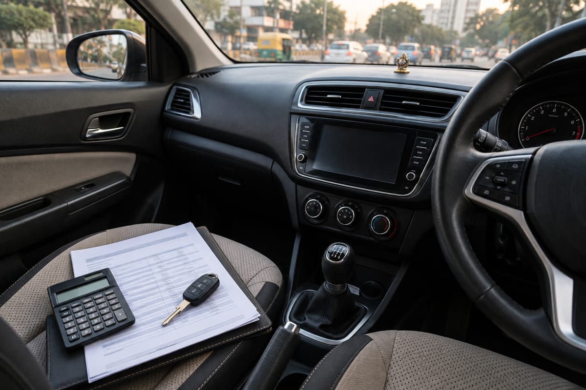 Indian car buyers reviewing vehicle loan papers with a finance representative beside a silver SUV