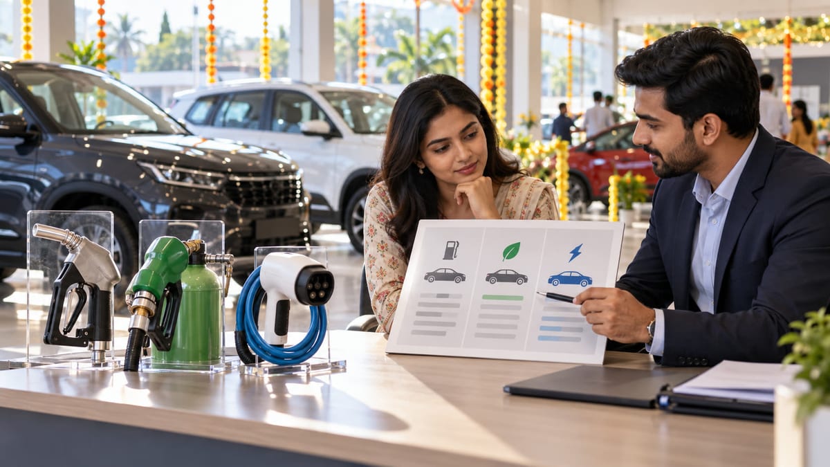 Indian car buyer comparing petrol, CNG and EV powertrain options with a sales consultant at a festive-season showroom