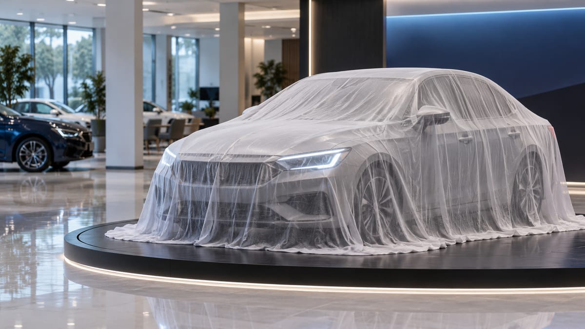 A generic midsize sedan under a reveal cover in an Indian showroom, used as a representative visual for the Skoda Slavia facelift launch update.