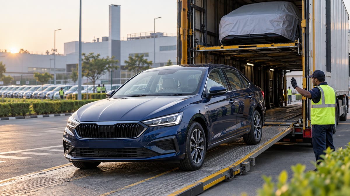 Dark blue midsize sedan moving through an Indian assembly line ahead of a festive-season launch