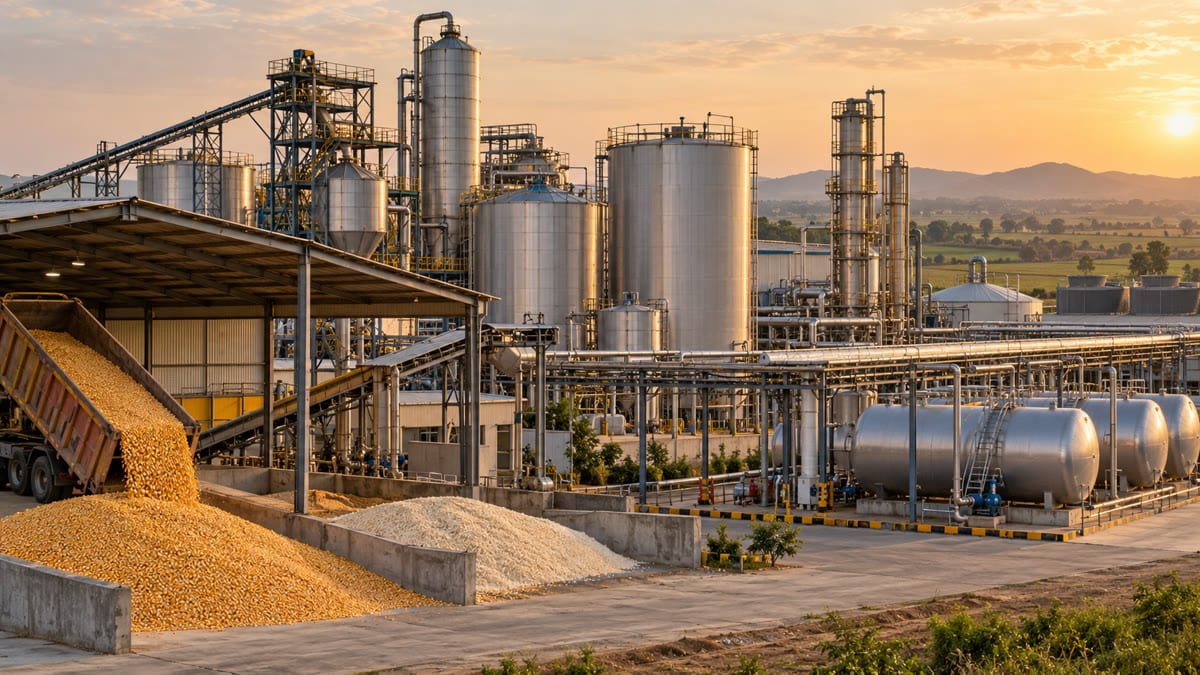 Illustrative grain-based ethanol production facility with storage tanks and maize feedstock in India