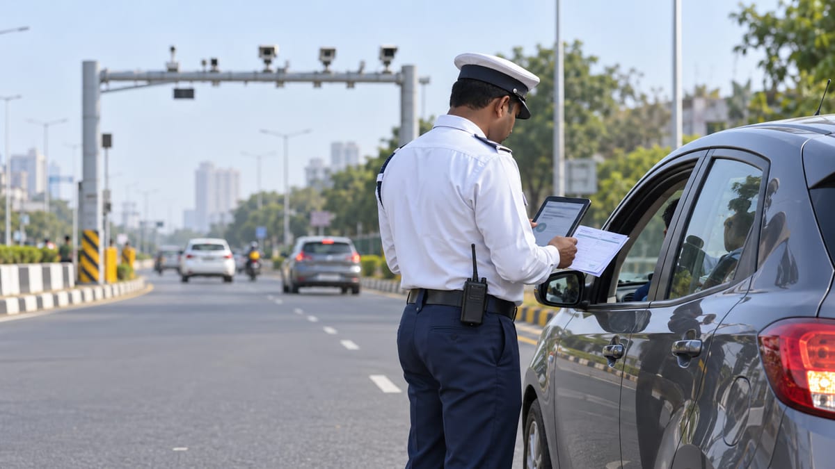 Traffic officer checks a driver's documents beside a car on an Indian road with an electronic enforcement camera gantry in the background