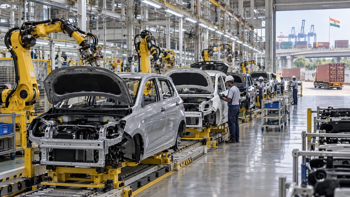 Unbranded compact cars on an Indian vehicle assembly line with robotic arms and export containers visible outside