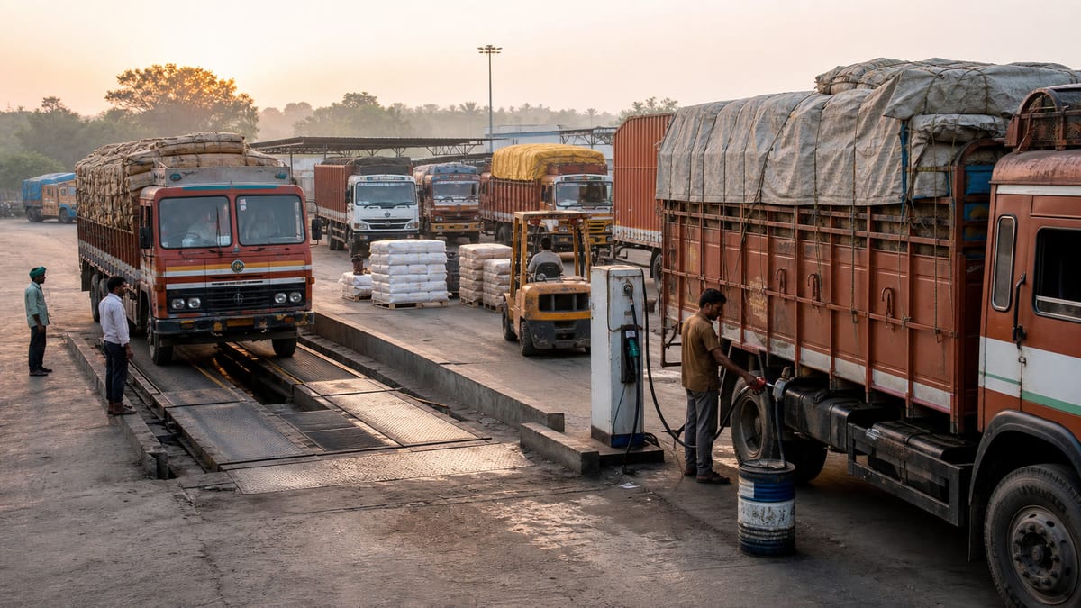 Tamil Nadu freight yard with loaded lorries on a weighbridge and a truck being refuelled with diesel