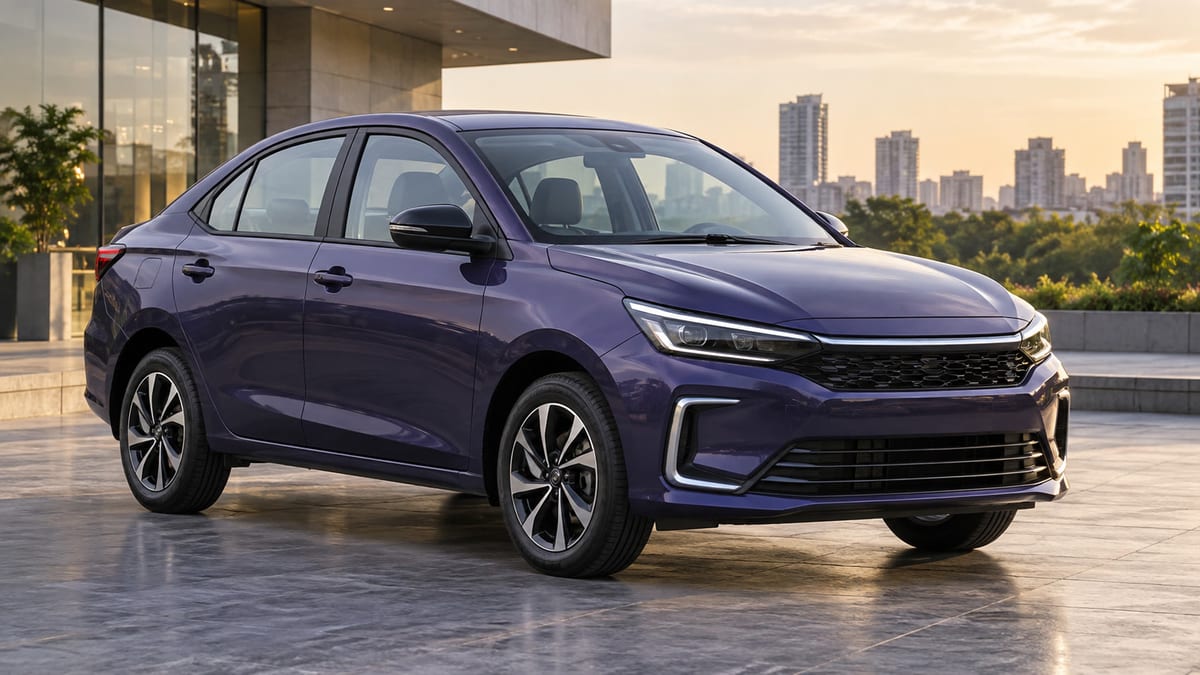 Muted indigo compact sedan shown from the front three-quarter angle at an urban launch setting