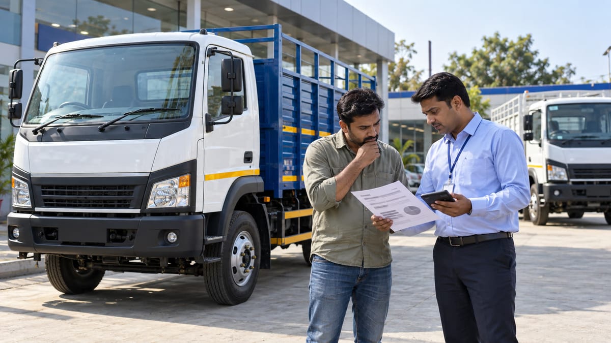 Illustrative commercial-vehicle dealership scene with a buyer reviewing a quotation beside an unbranded truck