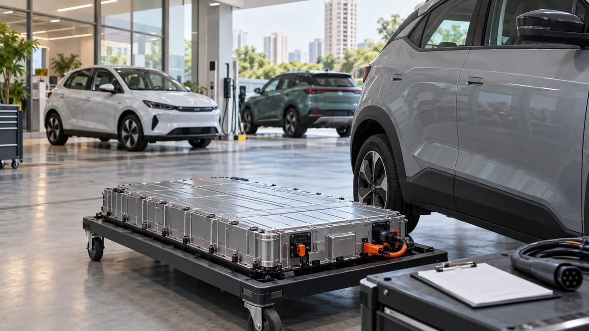 Detached electric-car battery pack on a service trolley beside unbranded EVs in a service centre