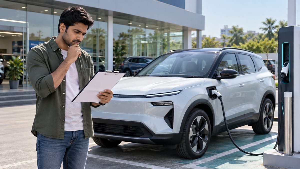 Illustrative electric SUV at a charging bay while a buyer checks a blank price quotation