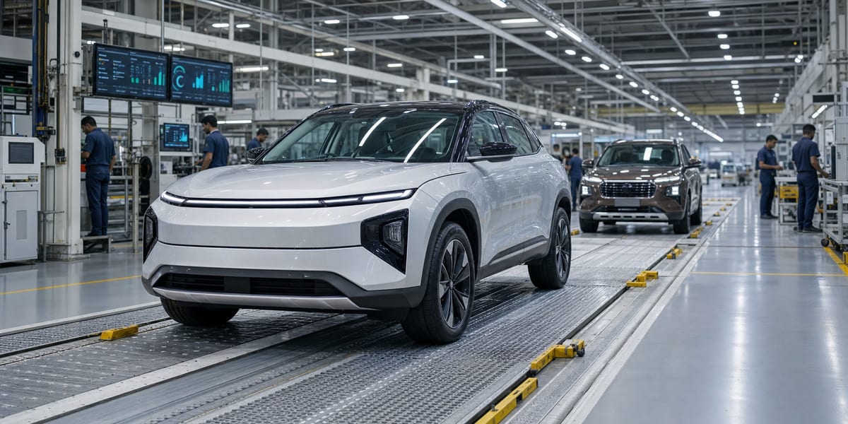 Modern Indian auto factory with an electric SUV and another passenger vehicle on the assembly line representing Tata Motors investment and expansion