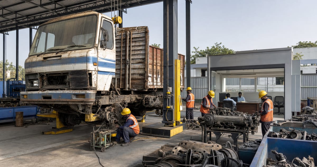 Old commercial truck being dismantled at an organized vehicle scrapping facility in India