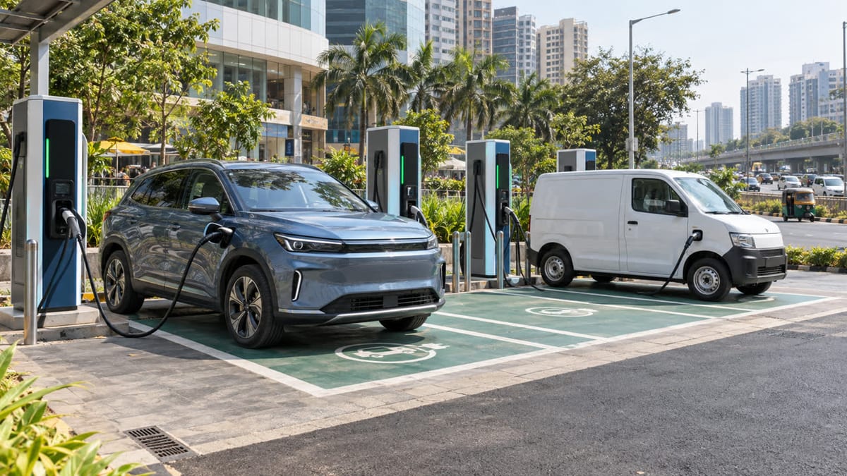 Unbranded electric car and delivery van charging at a fast-charging hub in an urban Mumbai setting