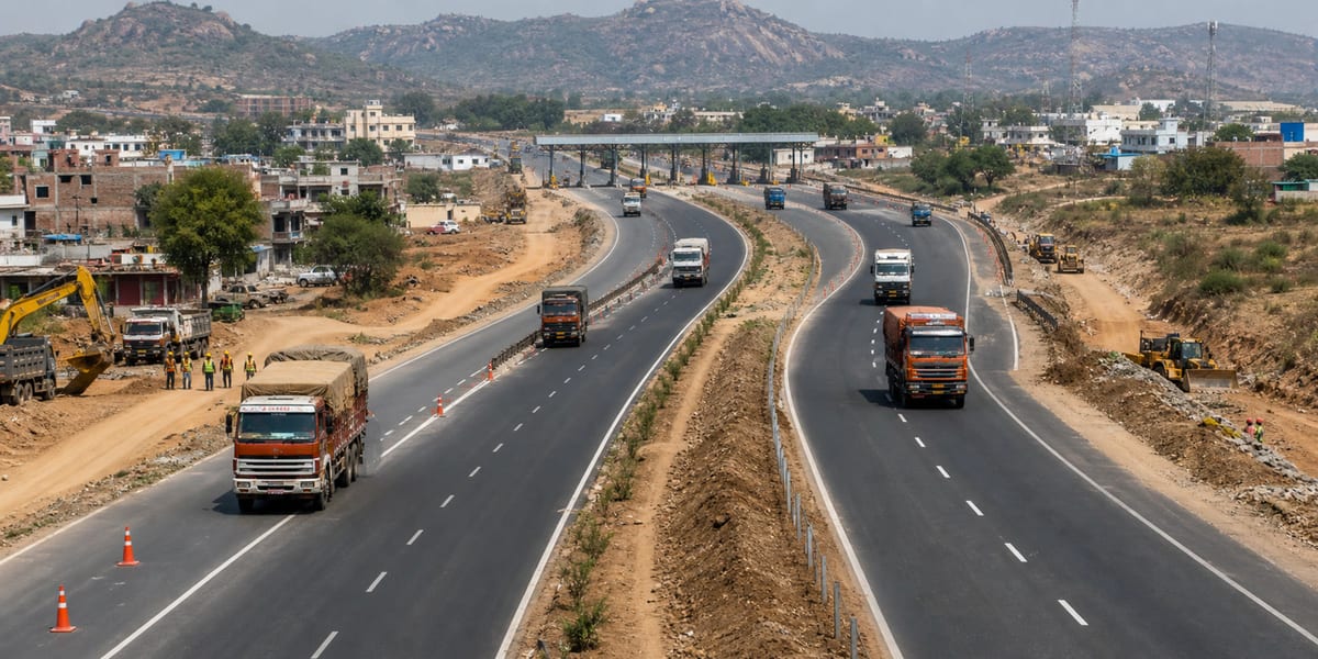 Four lane Telangana highway construction corridor with freight trucks and toll-ready infrastructure