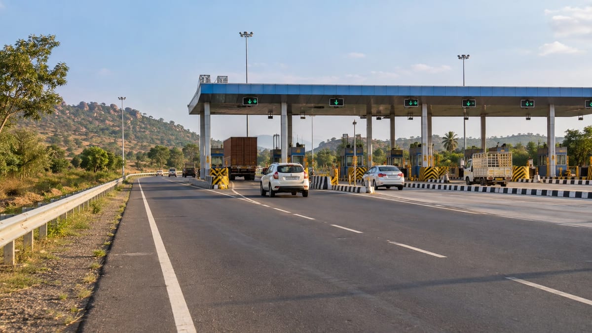 Vehicles approaching a FASTag toll plaza on a Telangana highway