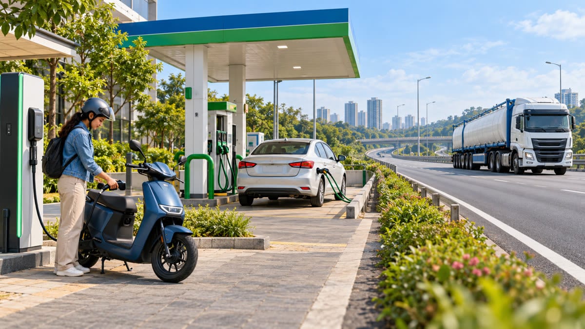 Illustrative Indian mobility scene with an electric scooter at a charger, a CNG car and a freight truck on a highway