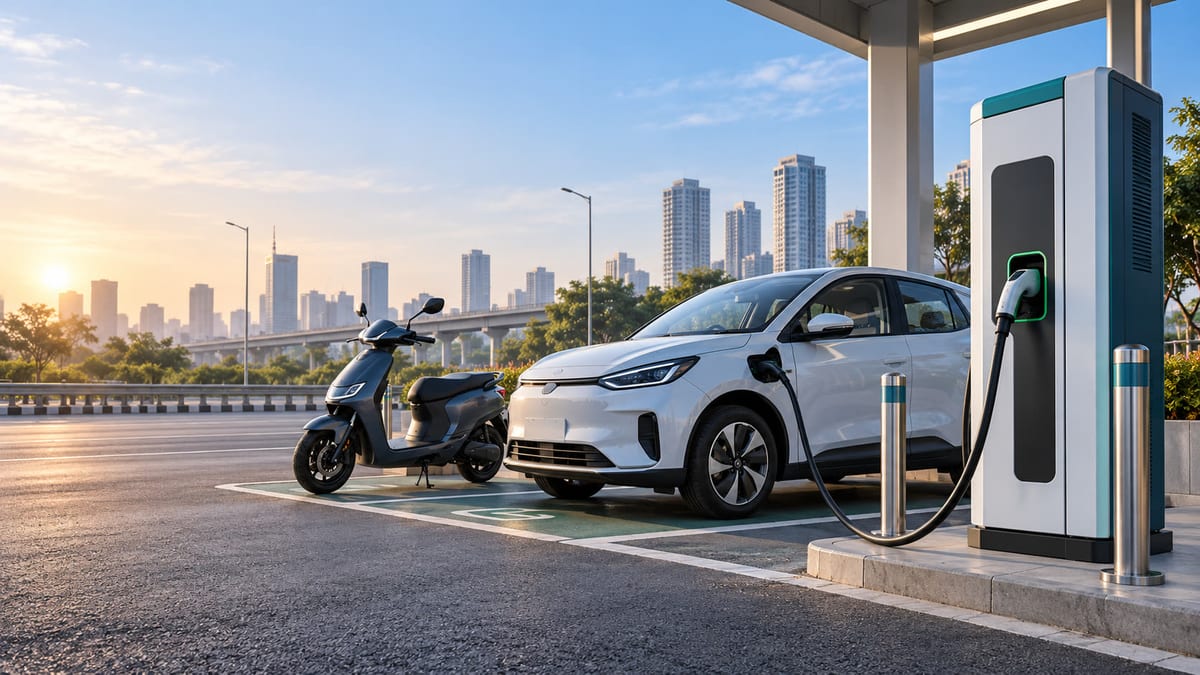 Illustrative electric car and scooter beside a public charging station in an Indian city