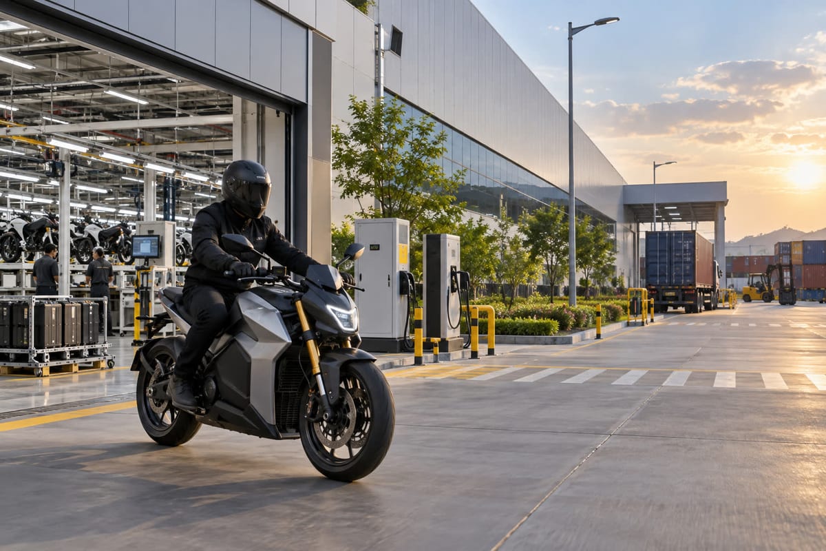 Generic electric motorcycle outside an EV assembly facility with charging equipment and export containers