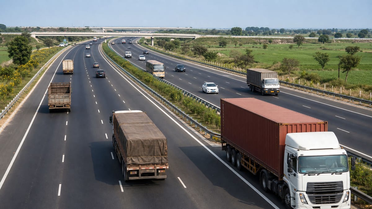 New 8-lane expressway section carrying freight trucks and cars between Gujarat and Maharashtra