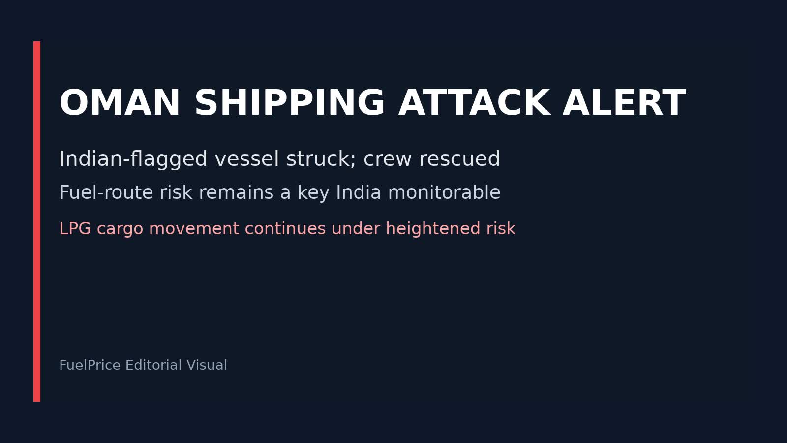 Indian-Flagged Vessel Attack off Oman Raises Shipping Risk for Fuel Trade: What It Means for India Logistics and Pump-Price Outlook