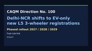 CAQM Mandates EV-Only New L5 3-Wheeler Registrations in Delhi-NCR from 2027; PUCC-Linked Fuel Rule from Oct 2026